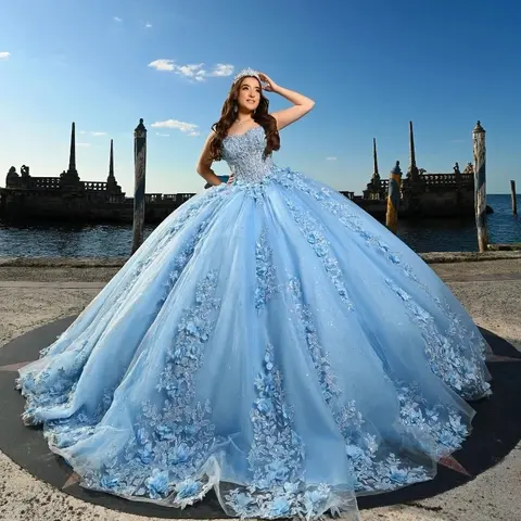 Angelsbridep 스카이 블루 볼 가운 15 세 Quinceanera 드레스와 보우 레이스 아플리케 스위트 16 이브닝 파티 드레스