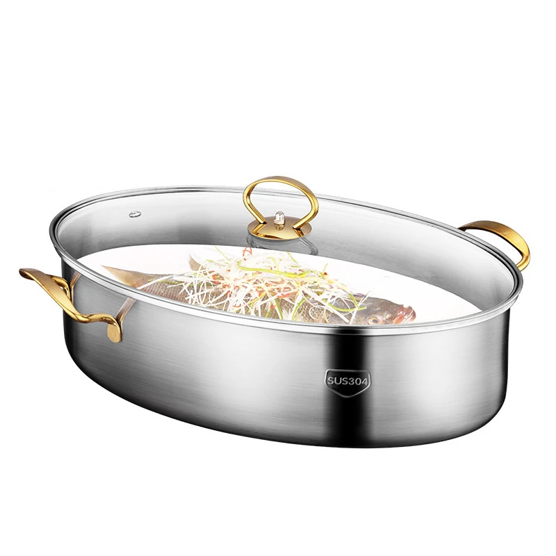 

304 Stainless Steel Steamed Fish Pot 38CM Oval Steamer with Lid Thickened Multifunctional Seafood Pot Coal Electricity General