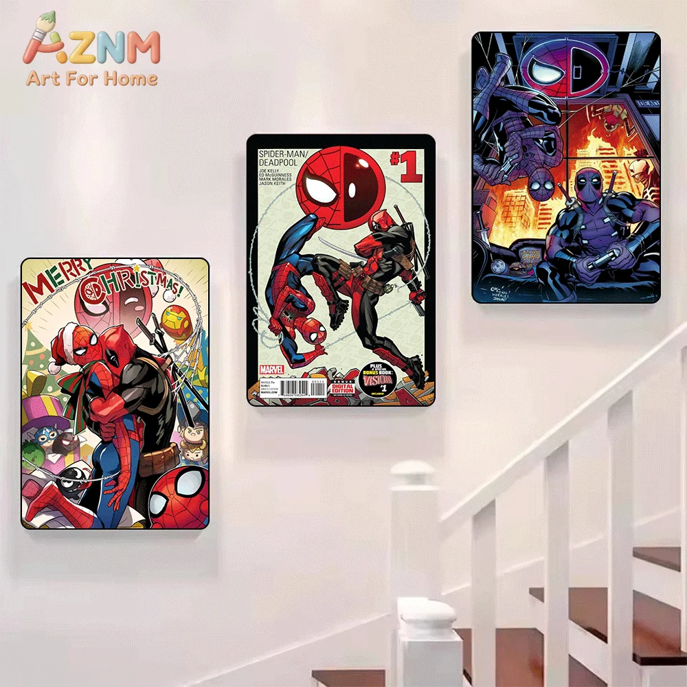 AZNM MARVEL Spider Man Deadpool Christmas Comic Canvas Wall Art Frameless Painting Home Bedroom Decor Poster Gift
