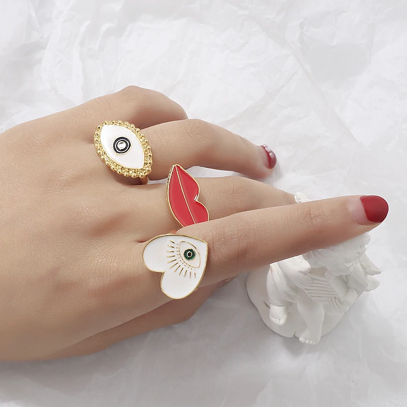 ALLYES Unique Design Enamel Devil's Eye Lip Heart Finger Rings for Women Trendy Gold Color Adjustable Chunky Ring Jewelry Gifts