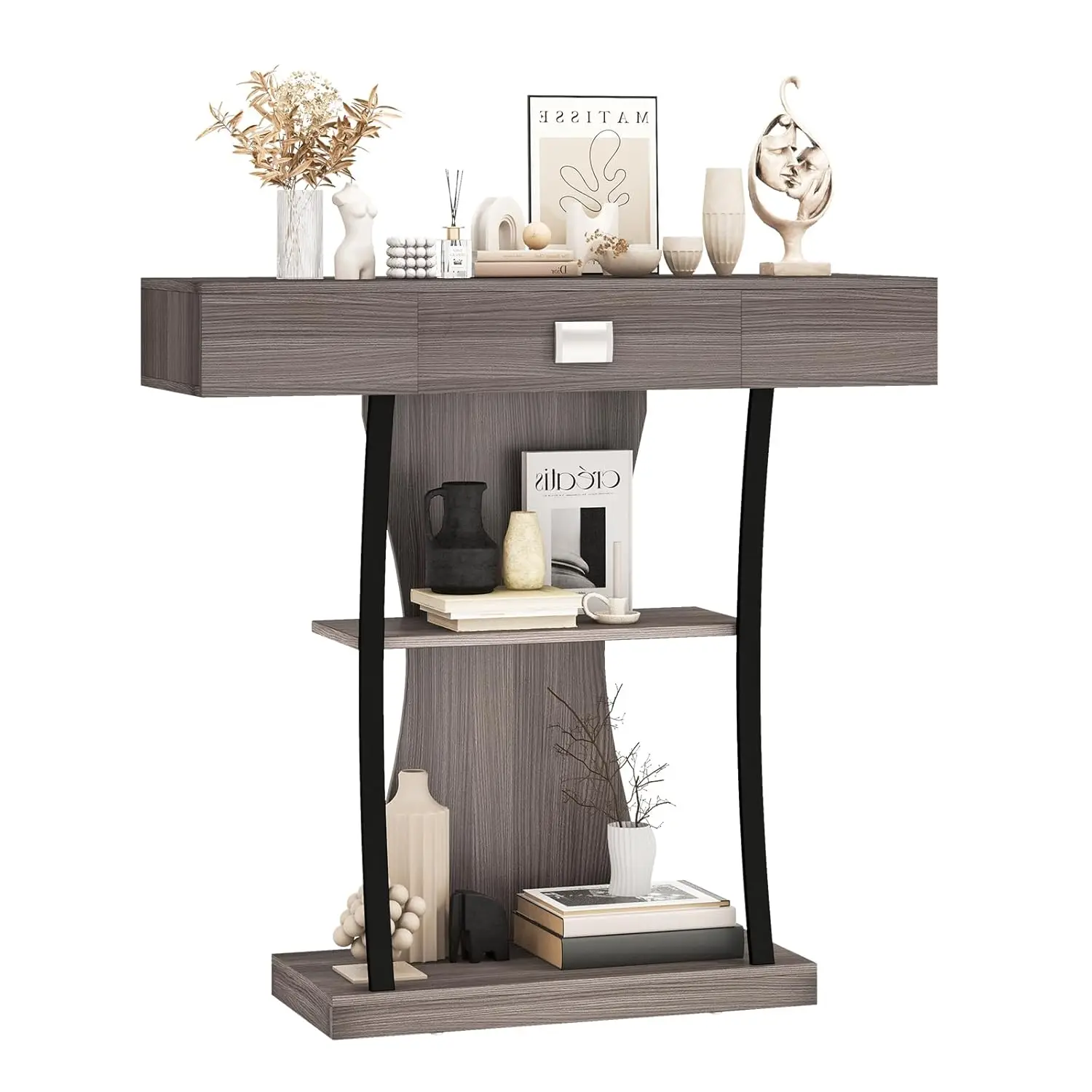 Mesa Consola de Madera con 3 Niveles de Almacenamiento, Cajón, Estrecha, para Entrada, Pasillo, Sala de Estar, Gris, Personalizable