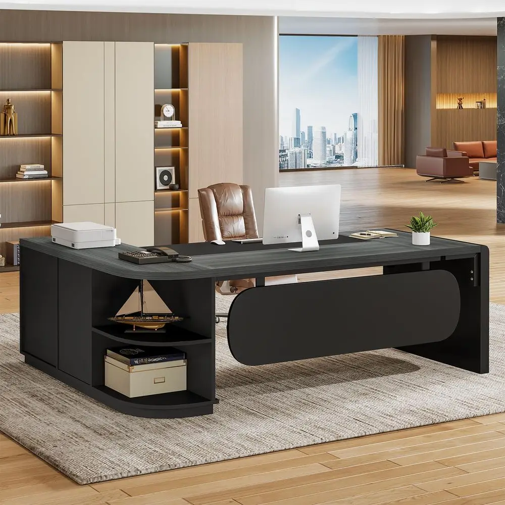 

80 LShaped Desk, Large Executive Office Desk with 55 Drawers Cabinet, Modern Commercial Office Table with Storage Shelves, Busi