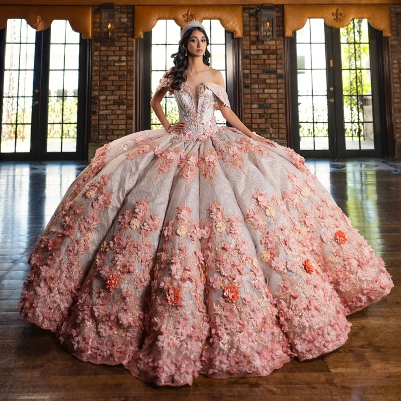 

Pink Quinceanera Dresses Off The Shoulder Applique Flower Beading Crystal Tull Party Birthday Sweet 16 Dress Vestidos De 15 Anos