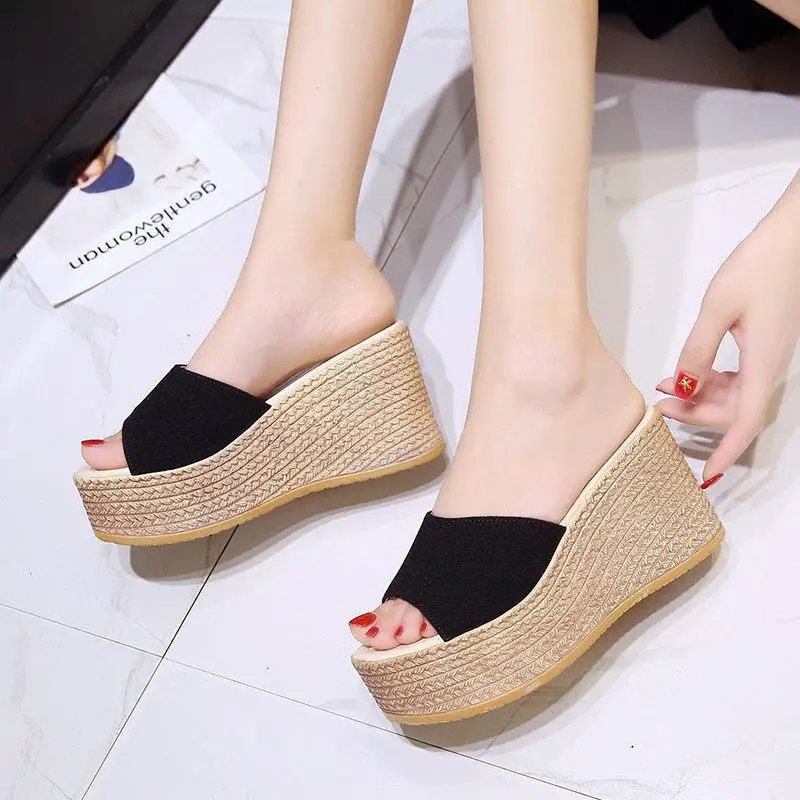 Sandalias de Plataforma con Cuña y Esparto para Mujer, Color Beige, con una Sola Correa, Punta Abierta, Tejido de Cuerda, Estilo Bohemio, Antideslizantes, para Vacaciones de Verano en la Playa