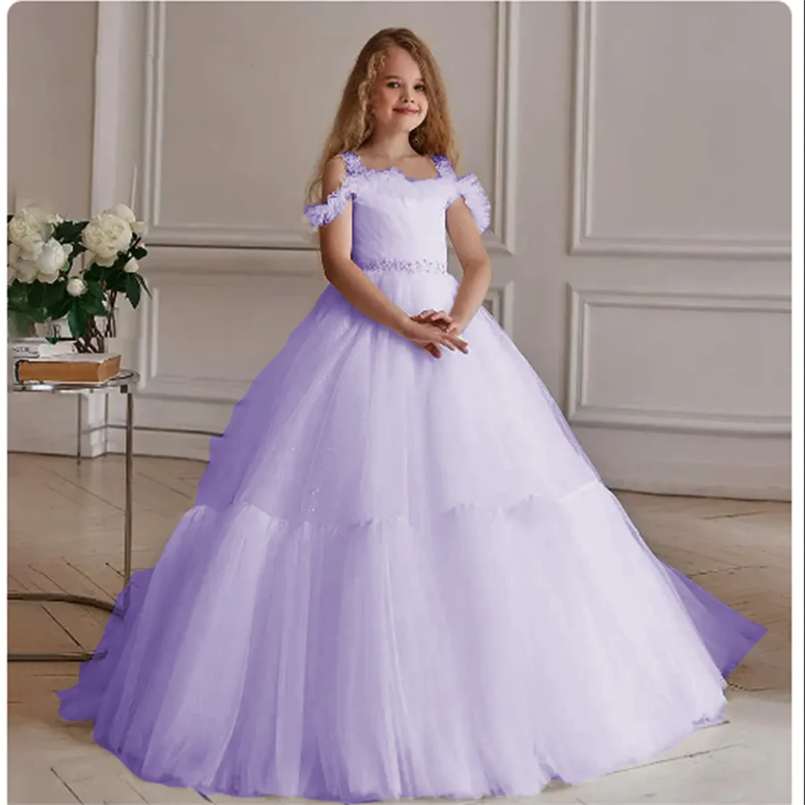 

Simple Flower Girls Dresses For Wedding Ruffles Crystal Sash Pageant Gowns Floor Length Kids Princess Communion Birthday