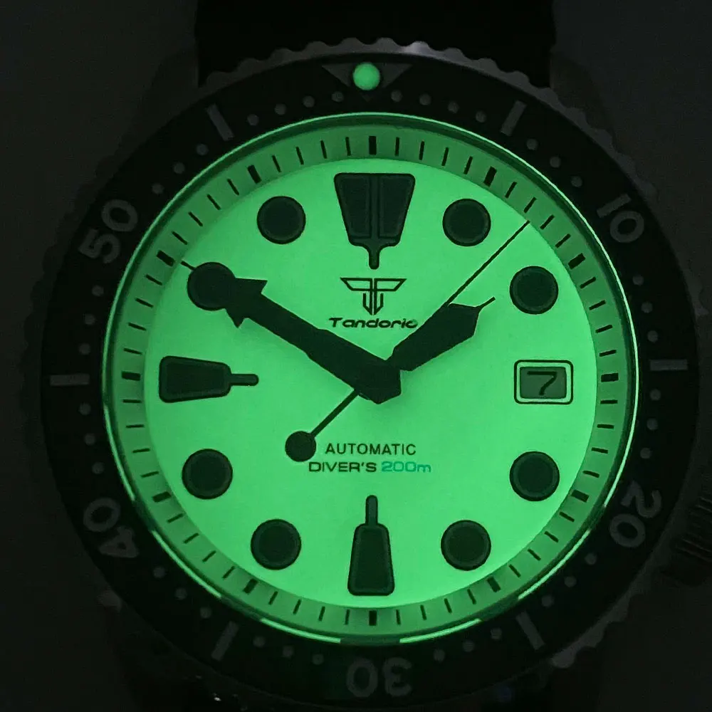 Tandorio 41mm NH35A 200M Waterproof Dive Automatic Watch Men Green Luminous Dial Sapphire Glass SKX Stainless Steel Bracelet