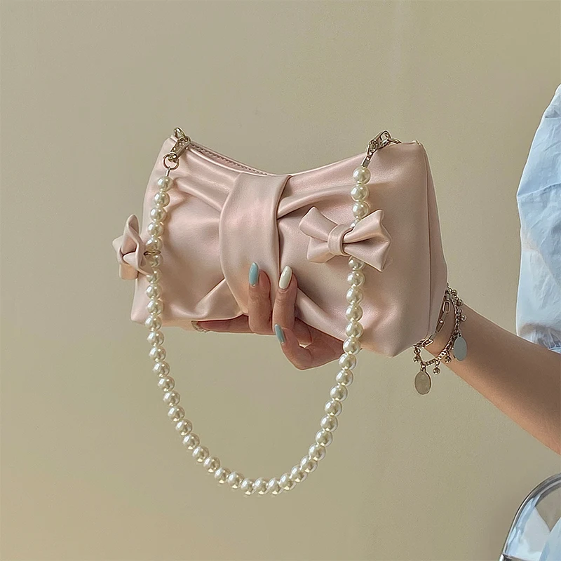 Girly Pearl Bow Cute Underarm Bag Fairy Women\'s Small Pink Shoulder Bag Soft PU Leather Female Pearlescent Clutch Purse Handbags