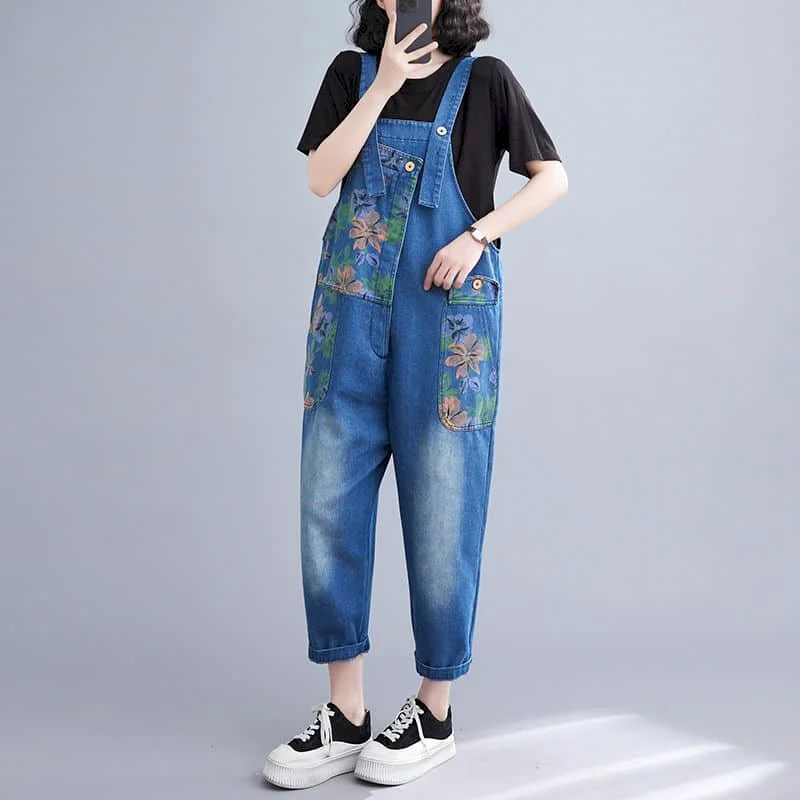 

Denim Jumpsuits for Women Korean Style Loose Vintage Printing Straight Pants One Piece Outfit Women Overalls for Women Playsuits