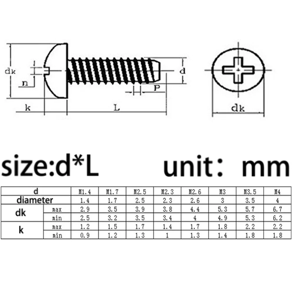 100pcs M1 M1.2 M1.4 M1.7 M2 M2.3 M2.6 M3 M3.5 M4 M5 Black Carbon Steel Phillips Cross Recessed Pan Head Self-tapping Screw