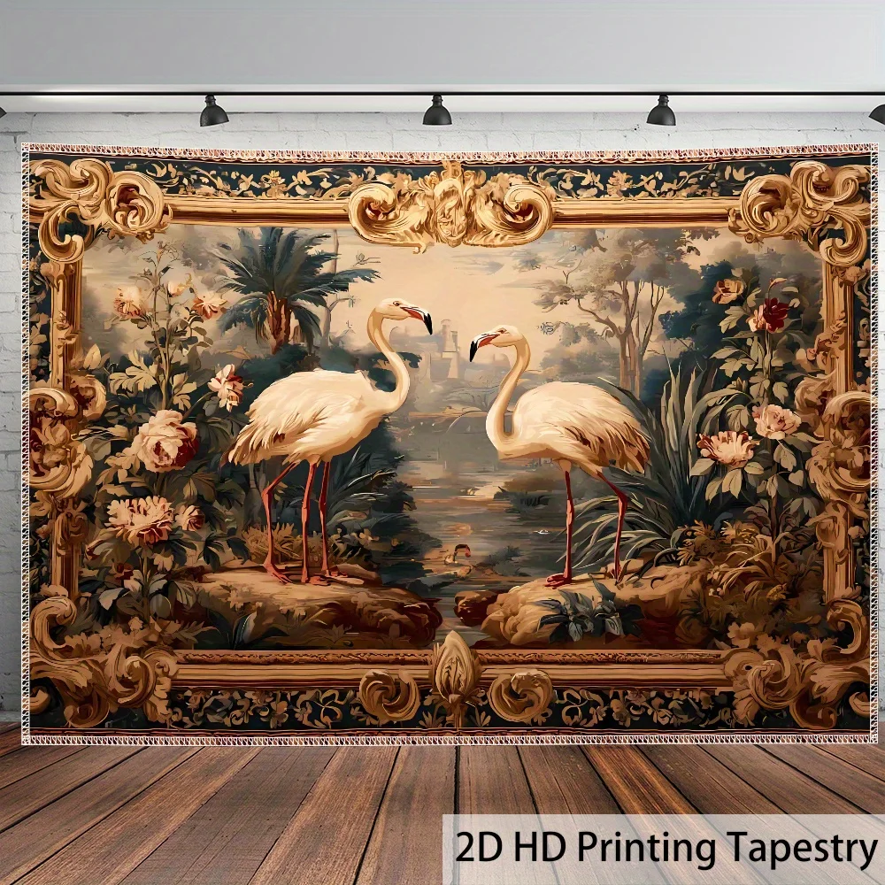 

1pc Ultra Large Flamingo & Tropical Landscape Tapestry - HD Digital Print Polyester Wall Hanging with Golden Accents, Wrinkle-Re