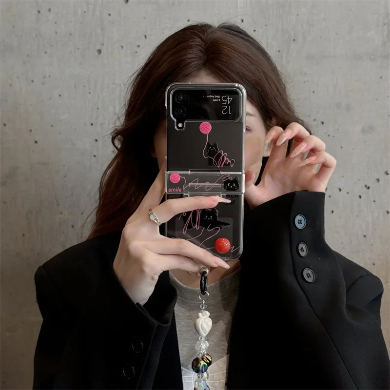 Для Samsung Galaxy Z Flip 3 4 5 6, чехол Z Flip6 ZFlip6, браслет с рисунком черного кота, прозрачная противоударная задняя крышка