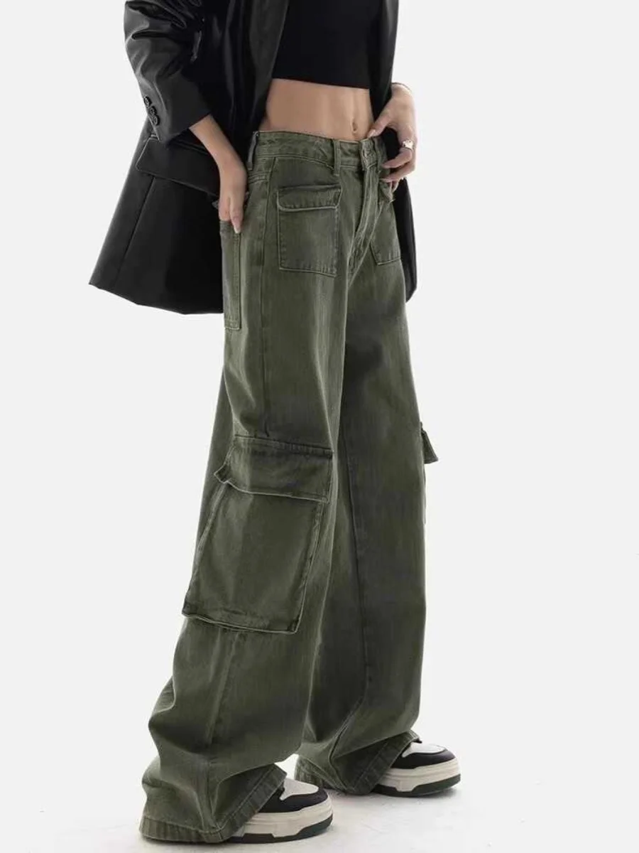 

Retro American Military Green Work Pants Women's Autumn Winter plus Size Loose High Waist Straight Leg Wide Leg Jeans