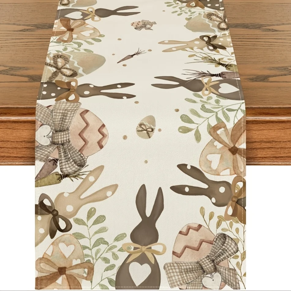 1 lindo camino de mesa de Pascua con lindos conejos, huevos y ramas pintados en fondo claro, adecuado para reuniones familiares de Pascua, actividades entre padres e hijos, fiestas temáticas, restaurantes pastorales, mercados artesanales, picnics de primavera, decoraciones para el hogar