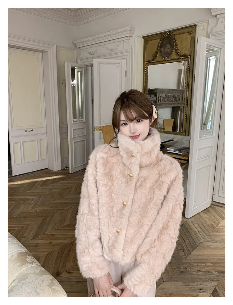 Korean Stand Collar Plush Jacket for Women Winter Thick Fluffy Cropped Faux Fur Coat Woman Loose Sweet Single Breasted Outerwear