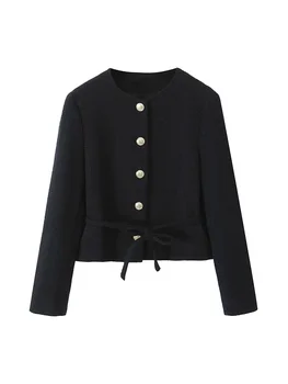 Willshela Frauen Mode Mit Gürtel Schwarz Einreiher Jacken Vintage Oansatz Langen Ärmeln Weibliche Chic Dame Outfits