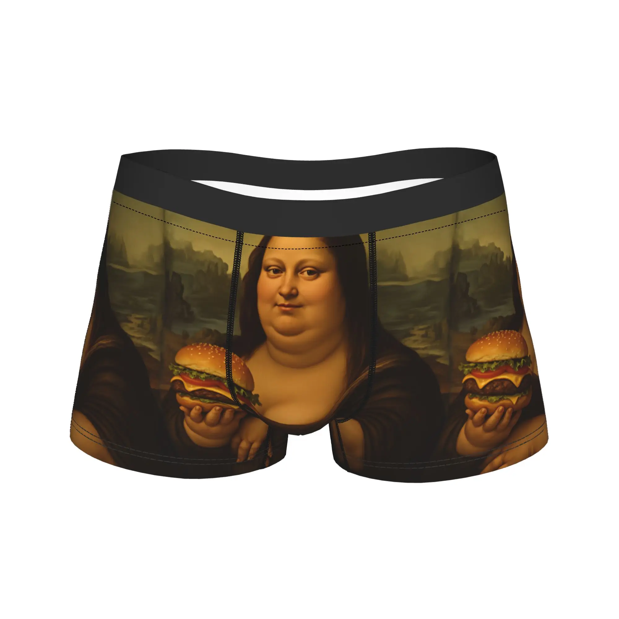 Funny Mona Lisa Holding A Hamburger Underwear  Comfortable Panties Custom Boxer Brief For Men 3D Pouch Plus Size Boxer Shorts