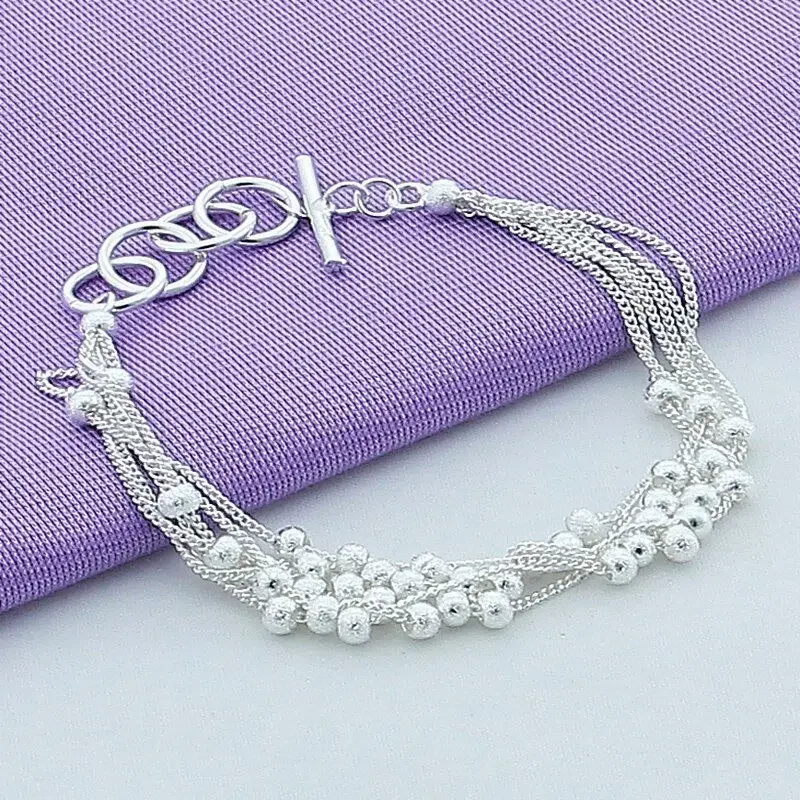 

925 Sterling Silver Six Line Sand Bead Hand Decoration Bead Shape Bracelet Chain