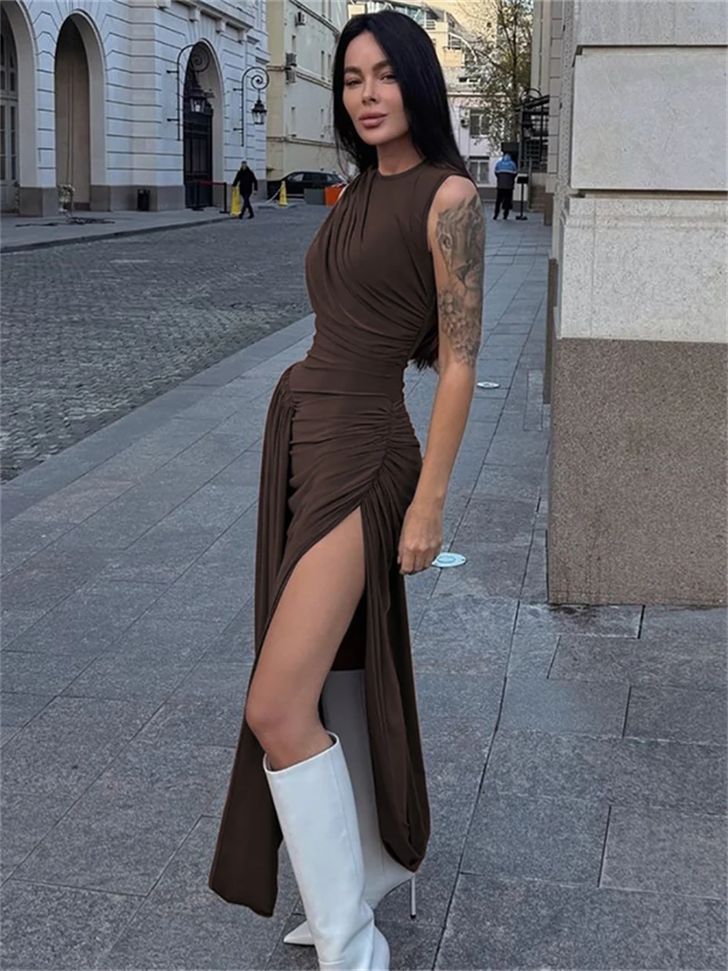 ストリートハイスプリットシャーリングドレス夏服女性 2025 ノースリーブマキシロングドレスイブニングパーティークラブセクシーなドレス Vestidos