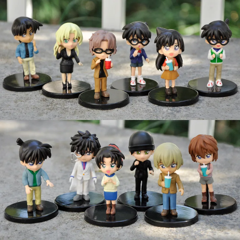 12Pcs/Set Detective Conan Edogawa Konan Kudou Shinichi Haibara Ai Mouri Ran Cartoon Q Version PVC Action Figures Model Doll Toys