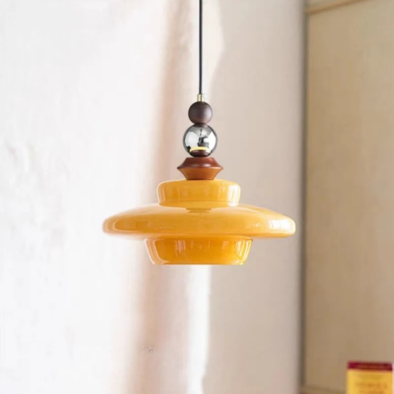 

American Rotundity Yellow/white Glass LED Pendant Lights Wooden Hanging Lamps Living Room Bedroom Restaurant Kitchen Chandelier