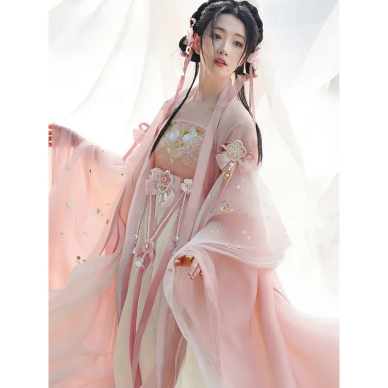 

Hanfu Женский Китайский традиционный костюм для косплея Династия Тан, древнее летнее платье ханьфу, розовое платье из 8 предметов для танцев на сцене