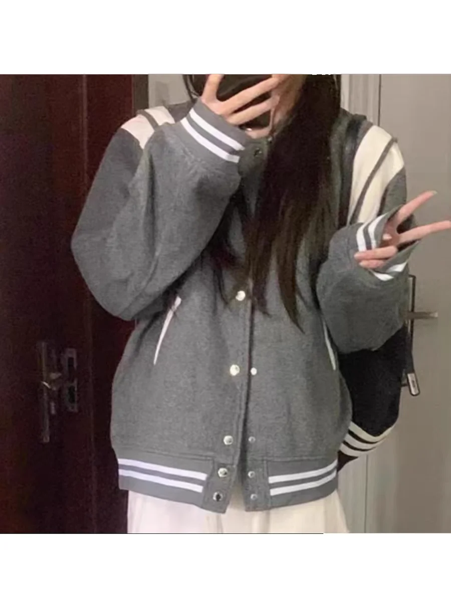 

Retro American ey Patchwork Baseball Jaet Men's Spring Autumn Winter Sli Unique Top Loose Fit Contrast Color Design