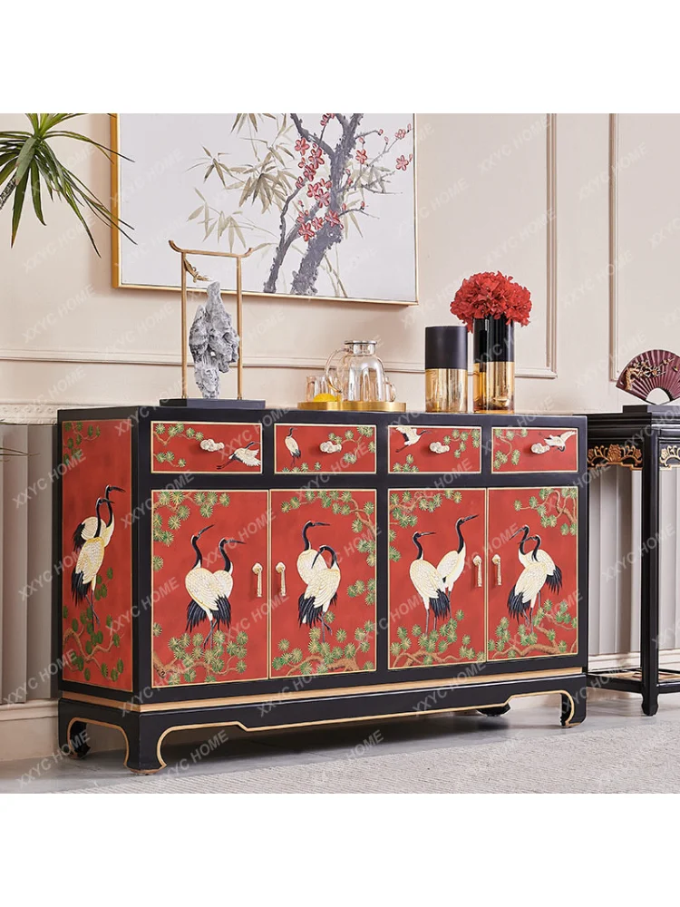 Red Solid Wood Living Room Entrance Decorative Cabinet Large Capacity Storage Sideboard Cabinet