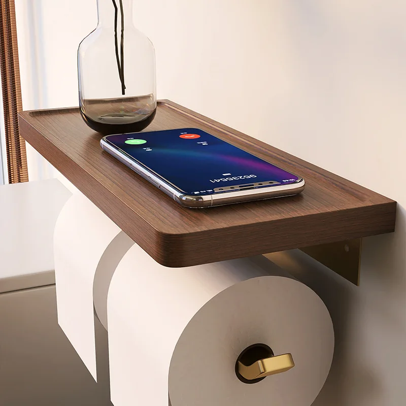

Wood Bathroom Paper Towel Holder Brushed Gold Toilet Paper Roll Holder Wall-mounted Cell Phone Shelving Toilet Paper Box