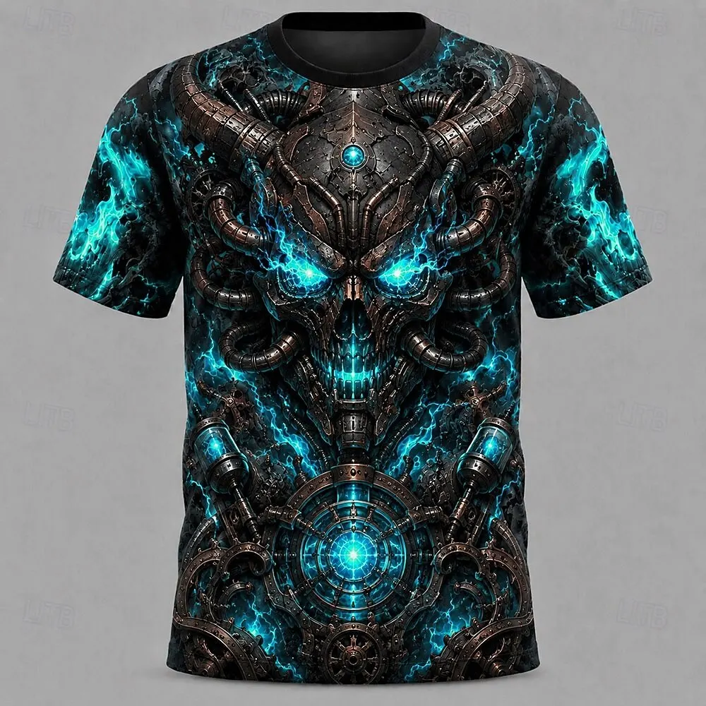 Men's Spring Summer 3D Printed Crew Neck T Shirt, Blue Flame Mechanical Gear Punk Skull Dark Sci-Fi Graphic Daily Top