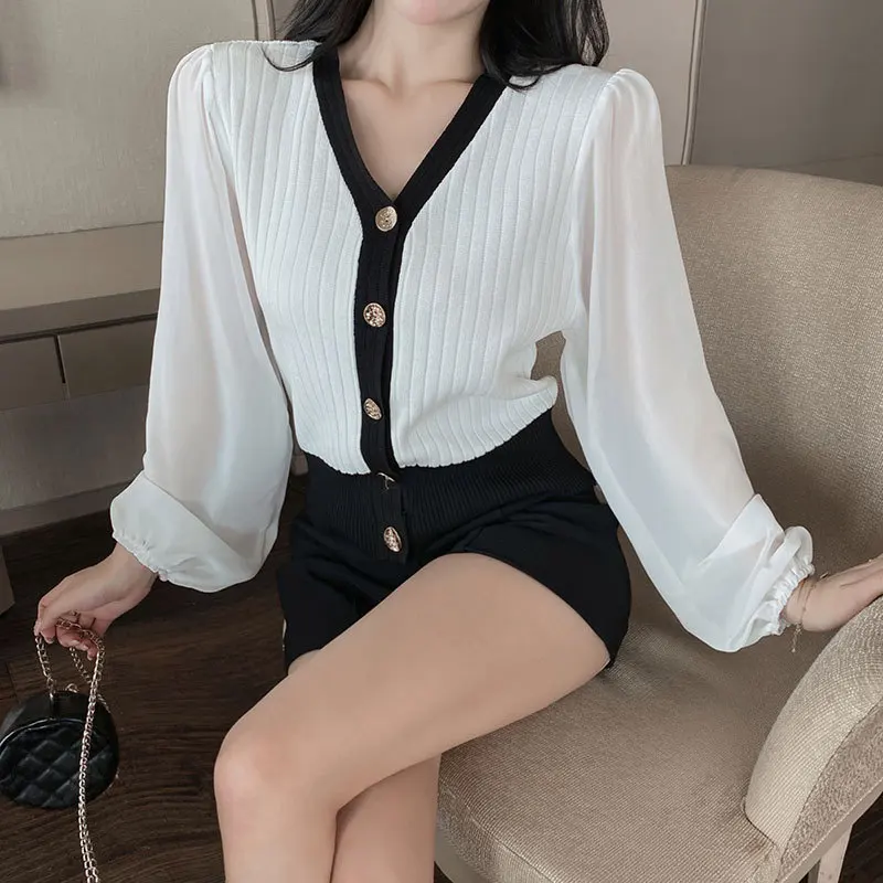 حجم كبير ملابس تريكو نسائية موضة الخامس الرقبة تصميم الربط الشيفون فقاعة كم التخسيس للفتيات الثقيلة XXL XXXL 200 جنيه