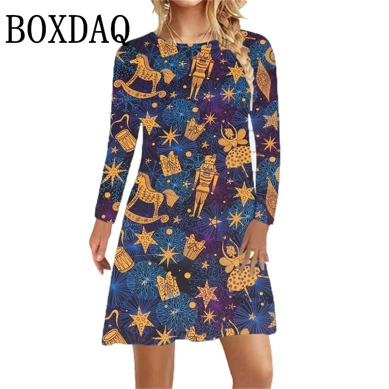 Fashion Christmas Print Women Dress 2024 New Autumn Winter Long Sleeve O-Neck Loose Casual A-Line Dress Ladies Cute Cartoon Dres