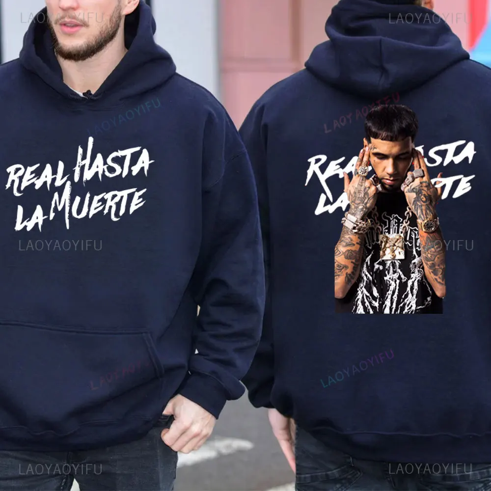 Moda rapero Anuel Aa jersey Real Hasta La Muerte gráfico Sudadera con capucha hombres mujeres algodón Hip Hop Sudadera con capucha ropa de calle de manga larga