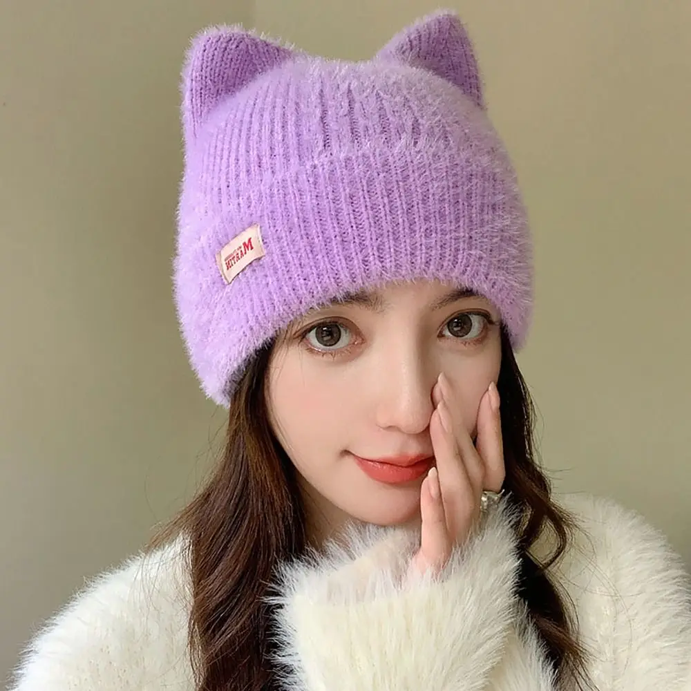 Cat Ear Earflap Women Knitted Hat Cute Candy Color Faux Fur Pullover Cap Kpop Style Winter Hat Women Girls image 2