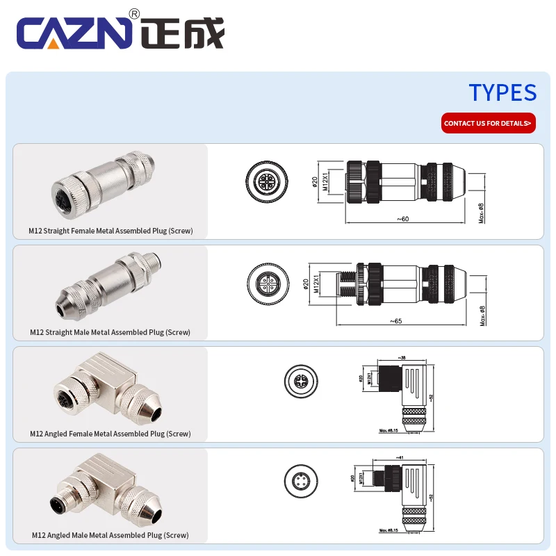 M12 Metal Screw Type Plug Straight Angled Male Female 2 3 4 5 6 8 Pin IP67 Field Wireable for Fieldbus & Sensor Networks