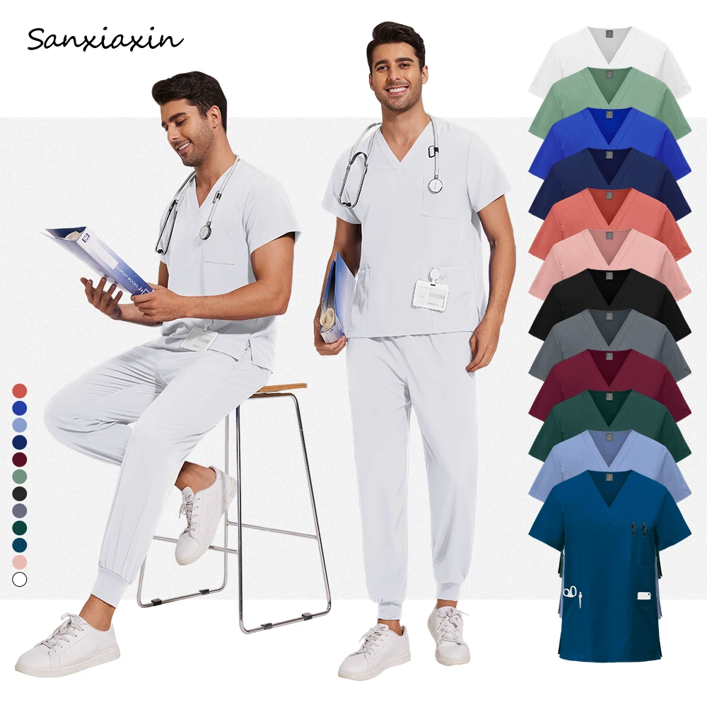 

Эластичные медицинские костюмы: топ с V-образным вырезом, брюки-джоггеры, комплекты для хирургов, стоматологов, медсестер, врачей, униформа для больниц