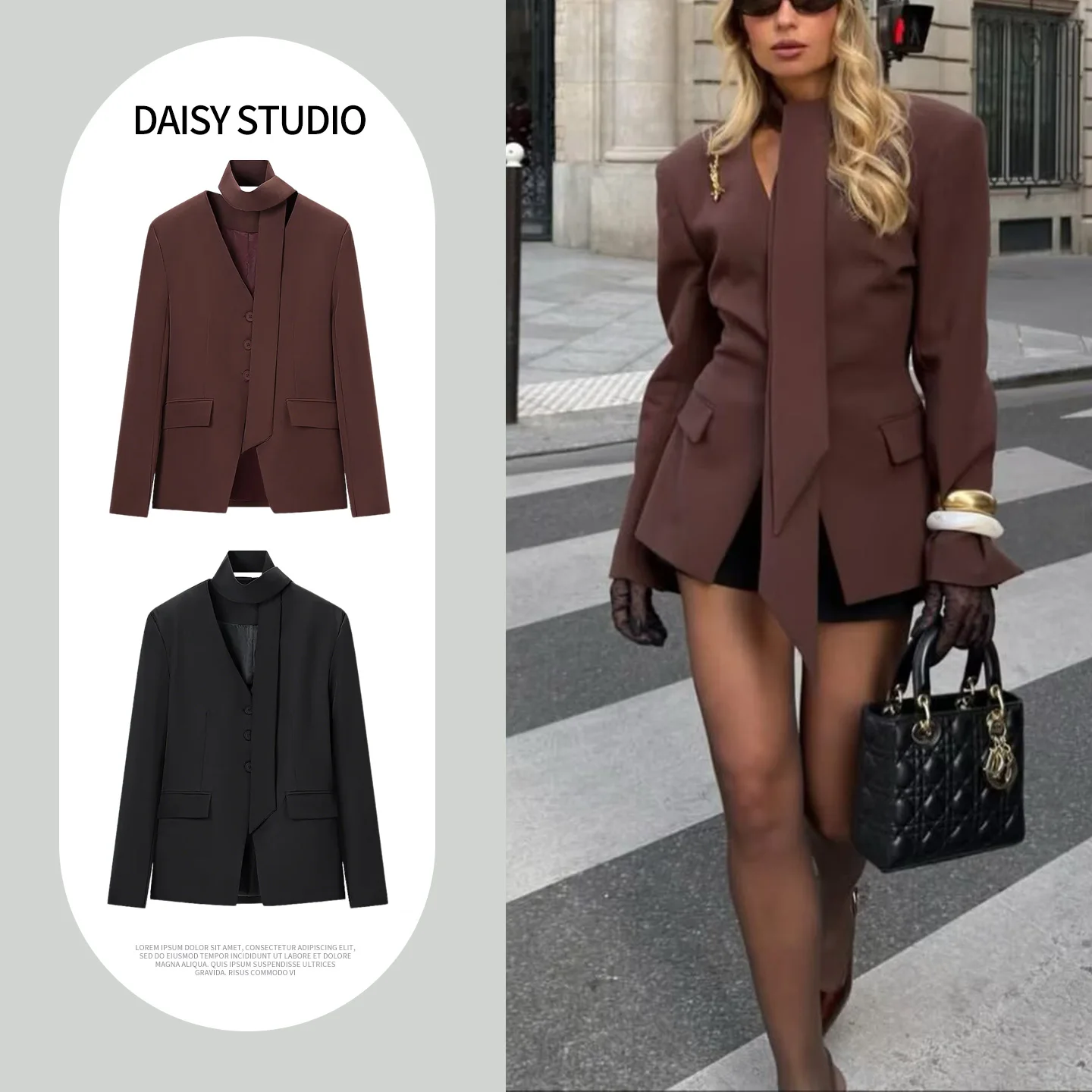 Spring Summer New Women's Commuter Style V-Neck Long Sleeve Single Button Scarf Decorated Split Hem Suit Jacket