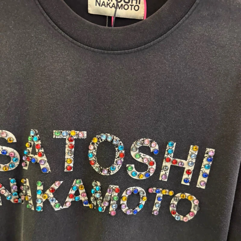 Colorful Studded Logo Satoshi Nakamoto Black T-Shirts Men Women High Quality Washed Retro Oversized T Shirt Tops Tees