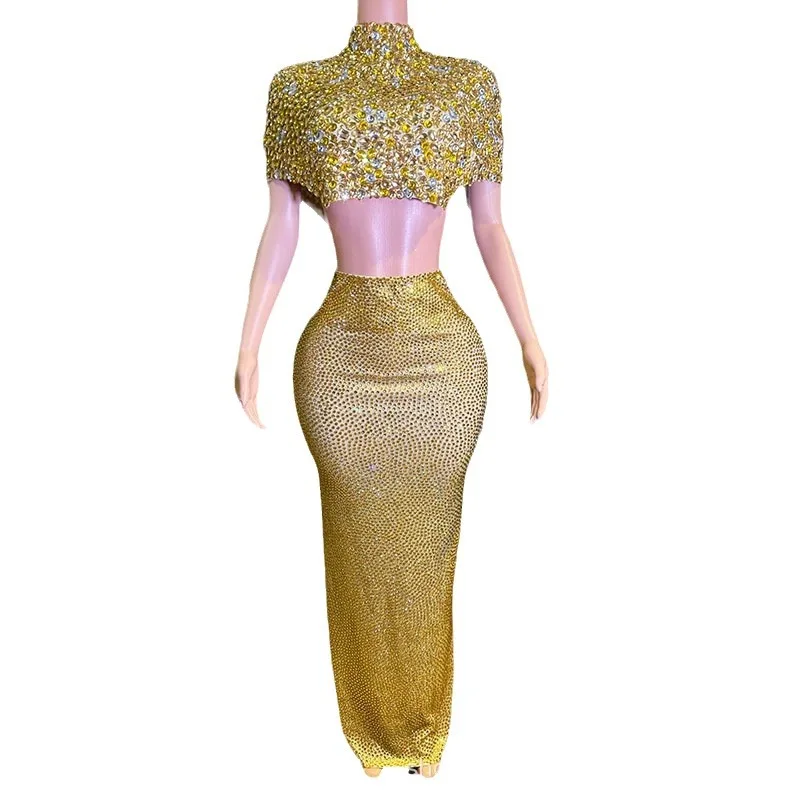 

Gold Luxury Bright Diamond Fashion Two-Piece Red Carpet Catwalk Company Annual Meeting Cocktail Party Evening Dress Partykleider