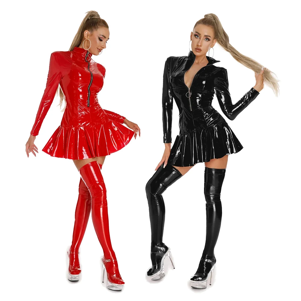 Women PU Leather Bodycon Mini Dress Latex Long Sleeve Hollow Zipper Stand Up Collar A-Line Mini Waist Pleated Skirt Dresses