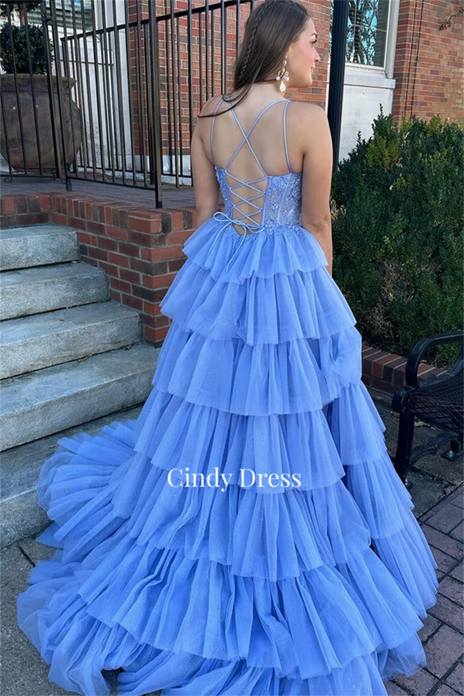 Cindy Multi-layer Blue Spaghetti Straps Layered Elegant Party Dresses for Women Luxury Prom Dress 2024 Blackgirl Evening Gown