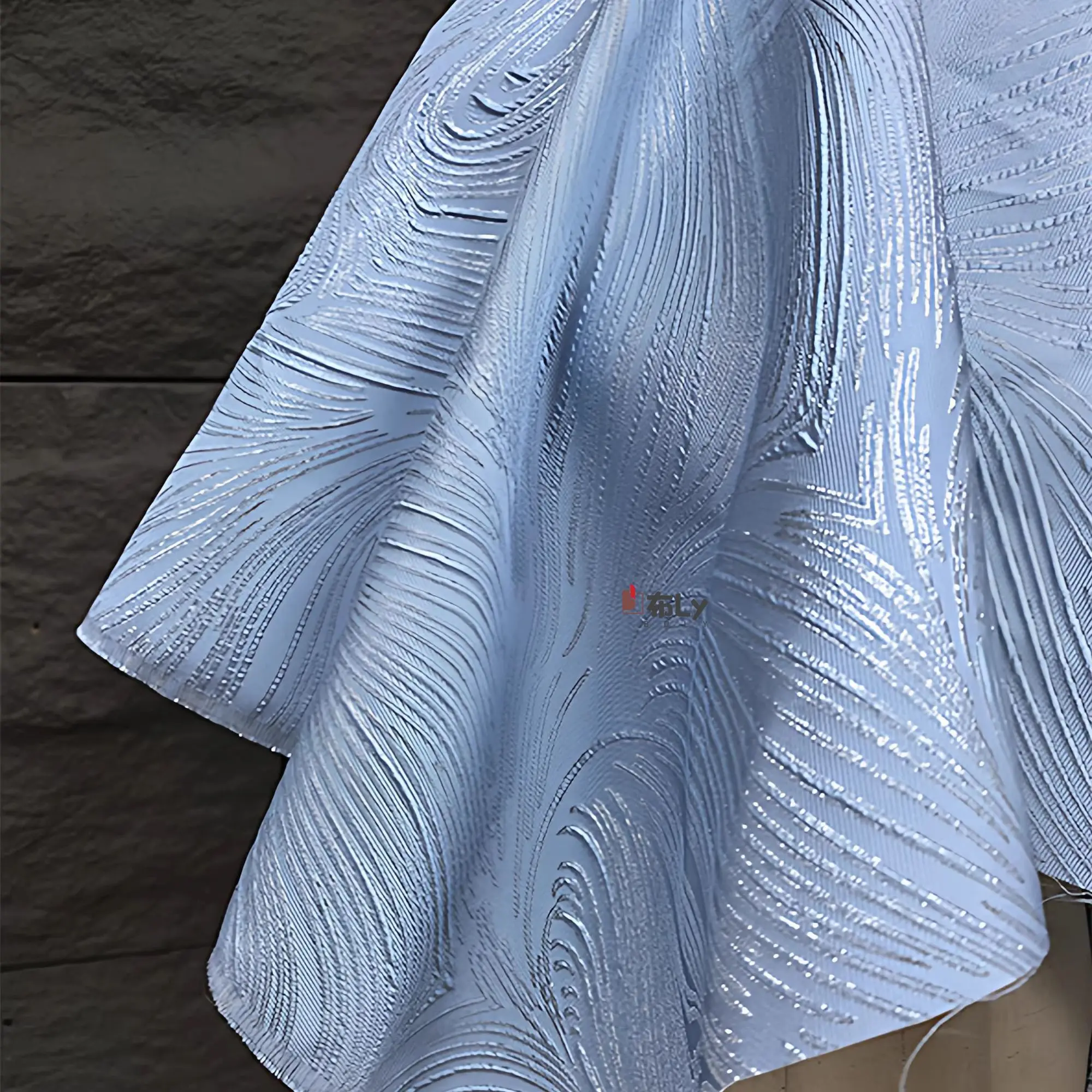 Blue Silver Silk Wave Jacquard Fabric, Glossy Texture Cloth for Hanfu Evening Dress Design & Art Decoration Material