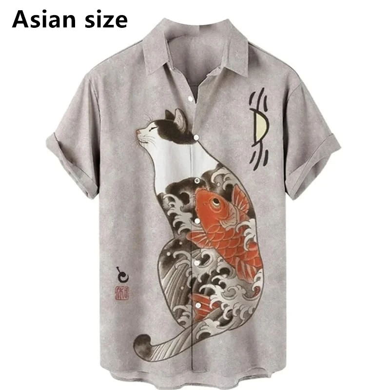 Camicia da uomo con motivo gatto in stile giapponese Cartoon Anime Cat Manica corta Camicie abbottonate Camicia hawaiana da spiaggia per feste Top alla moda
