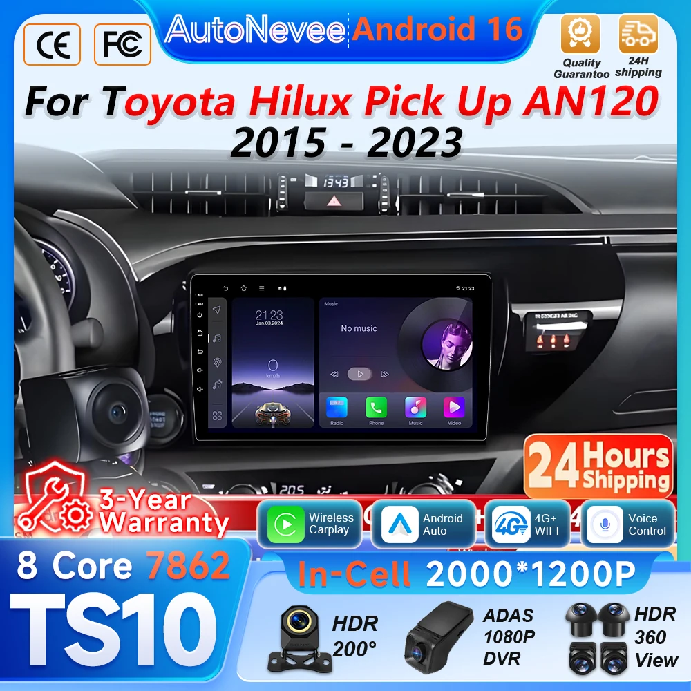 Radio para Auto con Android Auto y Carplay para Toyota Hilux Pick Up AN120 2015 2016 2017 2018 - 2022 2023 LHD Reproductor Multimedia Video 2din