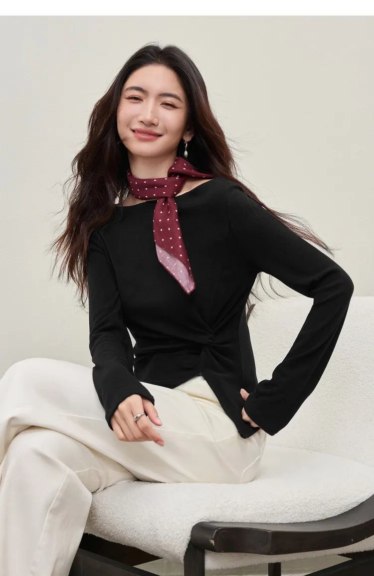 SENTUBILA Lyocell-T-Shirts für Damen, Frühling 2026, schulterfreier Ausschnitt, verdrehter, unregelmäßiger Saum, schlichte Strickoberteile W61TL5033 – Detail 30