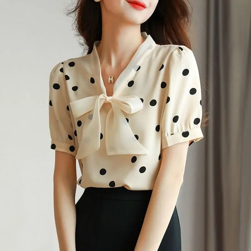 2024 Summer New Large Size Chiffon Bow All-match Loose Casual Short Sleeved Women Polka Dot V-neck Puff Sleeve Comfortable Shirt