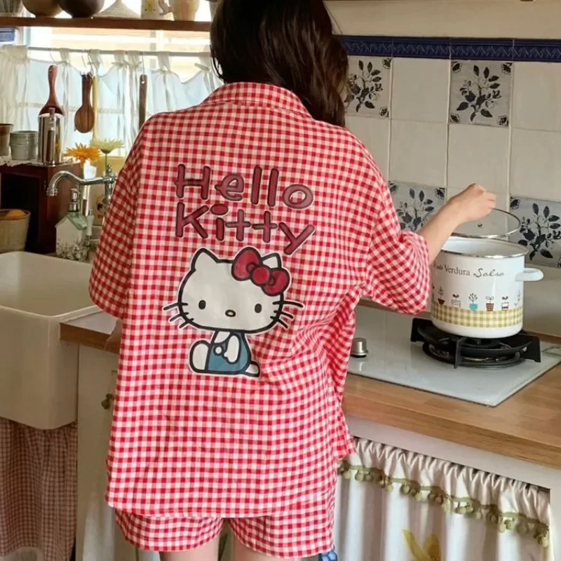 

Summer new red plaid cardigan cartoon Hello Kitty pajamas short-sleeved shorts two-piece set loose and cute loungewear