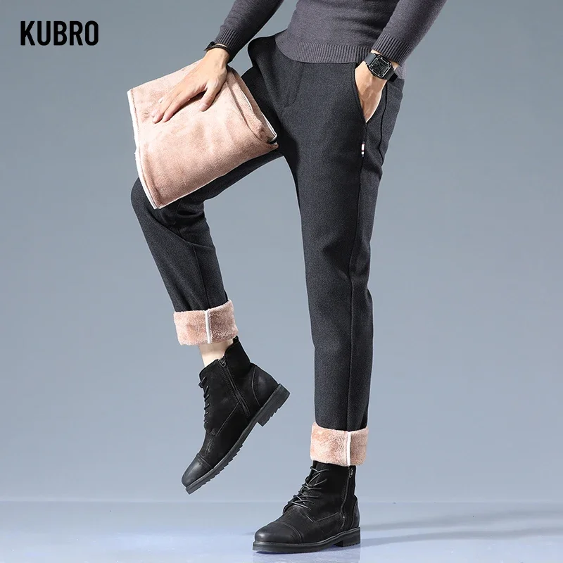 KUBRO Brand Winter New Men's Wool Warm Casual Pants Business Fashion Fleece Thick Office Stretch Trousers Male Plus Size 28-38