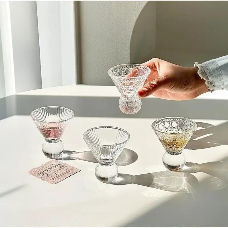 1pc Retro Gem Pattern High Stem Glass Cup for Ice Coffee Juice Bubble Water Drinkware Nordic Sle Pure Color Universal Cup