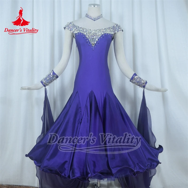 Ballroom Dance Dew Shoulder AB Stones Dresses with Necklace Custom Adult Female Waltz Tango Perform Clothing Dancer's Vitality