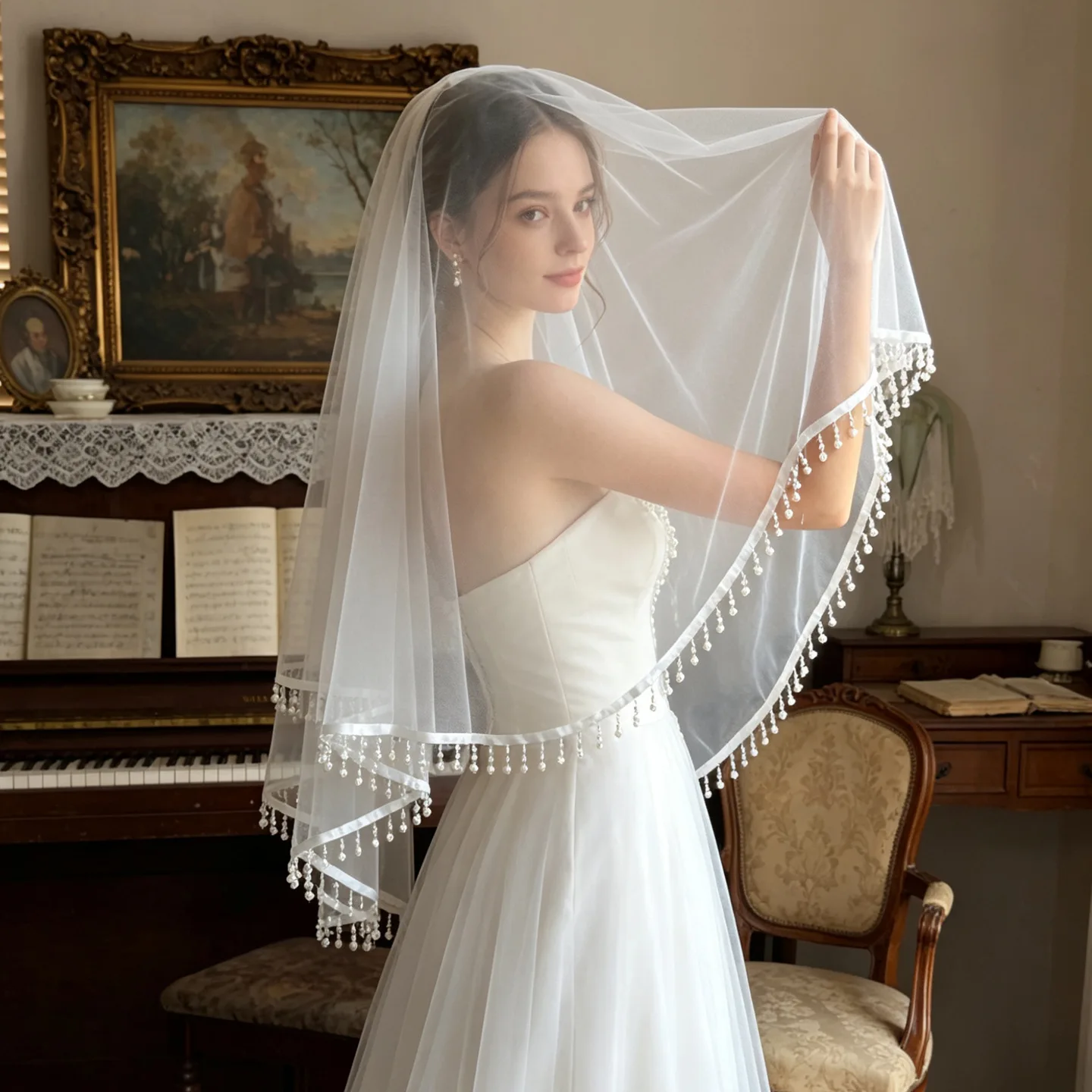 SLBRIDAL Handgefertigter Einlagiger Brautschleier mit Quasten und Perlenbesatz Hochzeitsaccessoires für Bräute – Detail 2